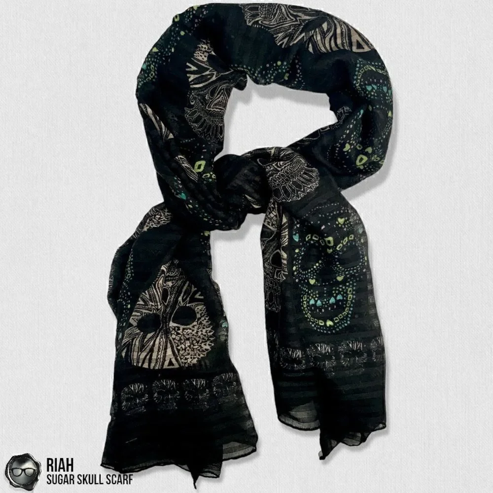 LIGHTWEIGHT GAUZY SUGAR SKULL PRINT SCARF WRAP SHAWL IN BLACK HALLOWEEN MUERTOS